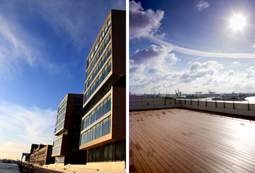 Dachterrasse mit Premium WPC Terrassendielen und Außenansicht Columbia Twins