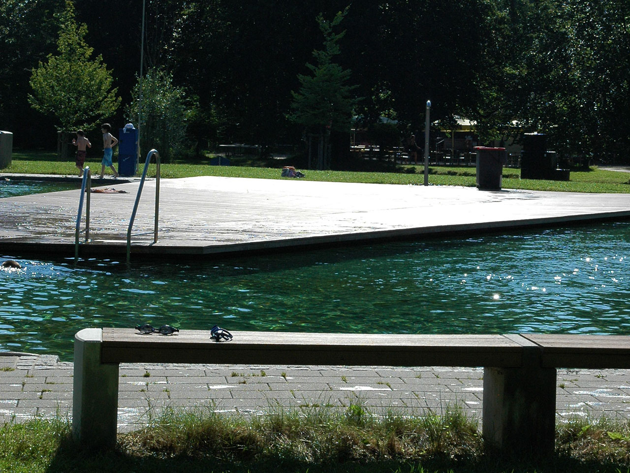 Badeinsel aus splitterfreien WPC Dielen im Schwimmbad mit Naturpool und Landschaft