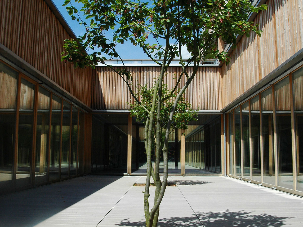 Blick in das Atrium einer Schule mit Holzfassade und grauen WPC Dielen