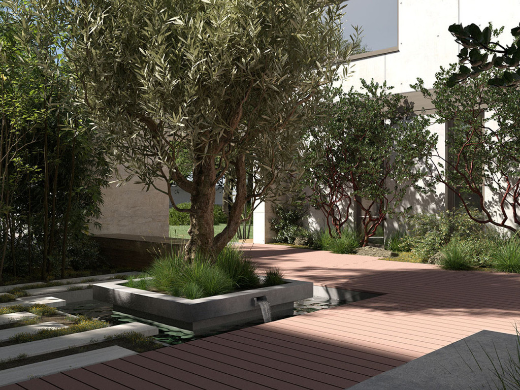 Braune Terrassendielen WPC auf Terrasse und Steg begrüntem Innenhof Kollektion macao