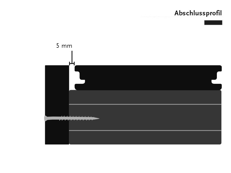 Skizze zur Verschraubung des Abschlussprofils aus MYDECK Premium WPC Massivdielen in der Längsseite der Unterkonstruktion
