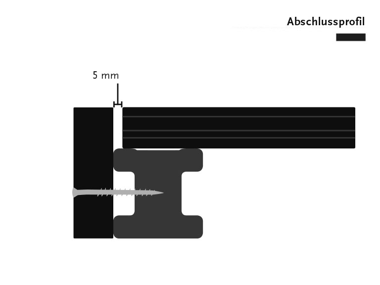Skizze zur Verschraubung des Abschlussprofils aus MYDECK Premium WPC Massivdielen in der Stirnseite der Unterkonstruktion