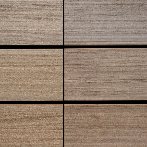 WPC Farbentwicklung: Hellbraune WPC Dielen von MYDECK vor und nach Bewitterung (Detailansicht Dielen).