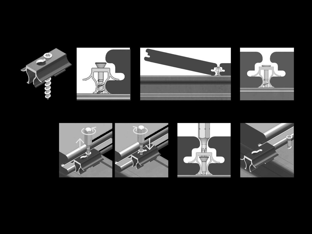 Zeichnung Clips und Darstellung der Funktionsweise des von oben lösbaren Clips