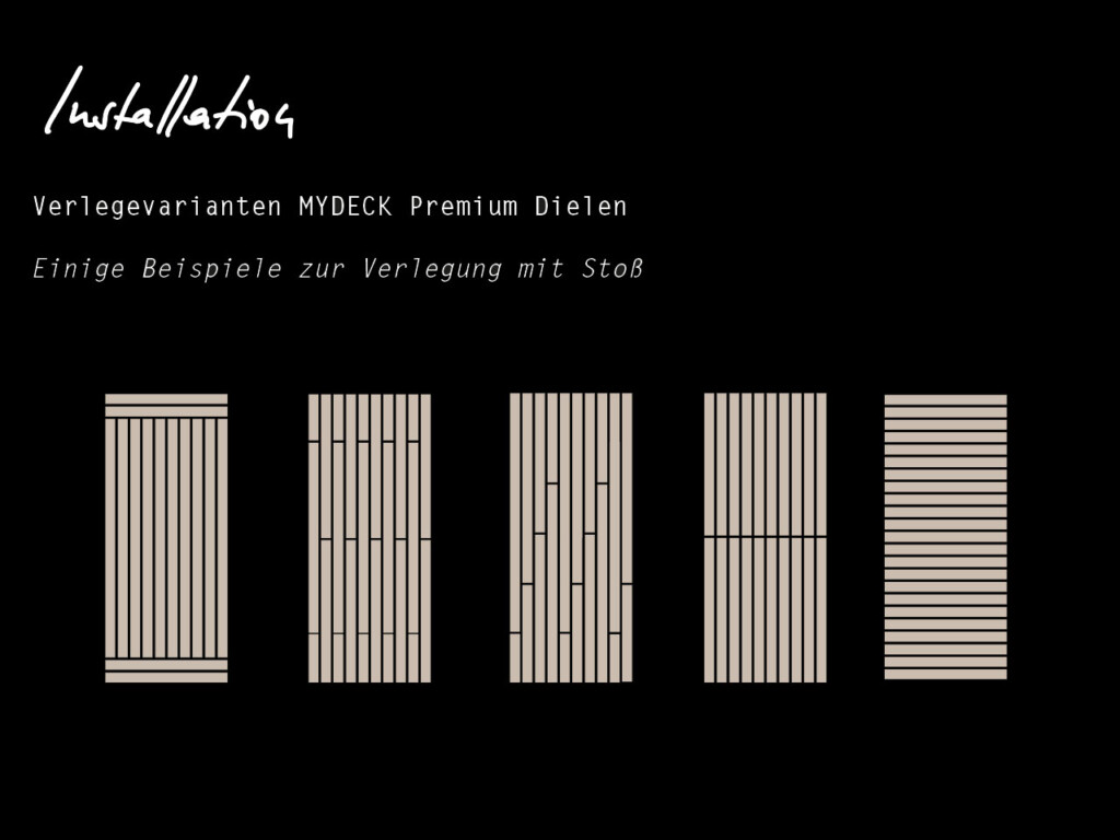 Veranschaulichende Grafiken: Durch die verschiedenen Verlegevarianten von WPC Dielen kann ein unterschiedlicher Mengenbedarf entstehen