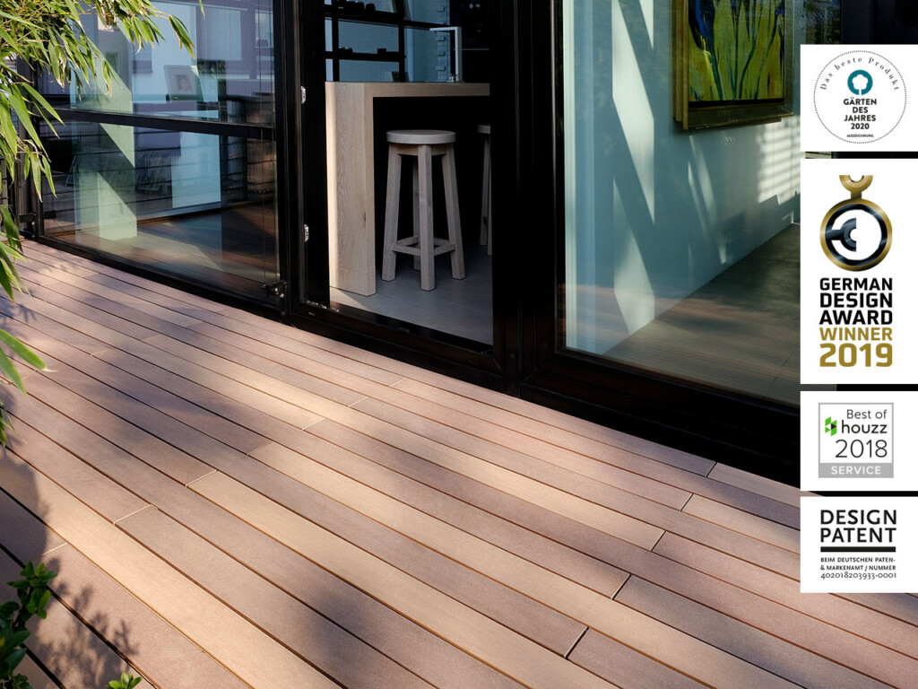 Mehrfarbiger Terrassenbelag aus Premium WPC in Farben die von Tropenholzdielen inspiriert sind.