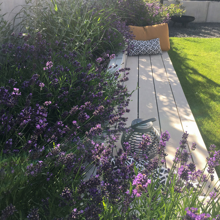 Einladener Sitzplatz aus WPC Dielen mit Sitzkissen und Bepflanzung im Sommer