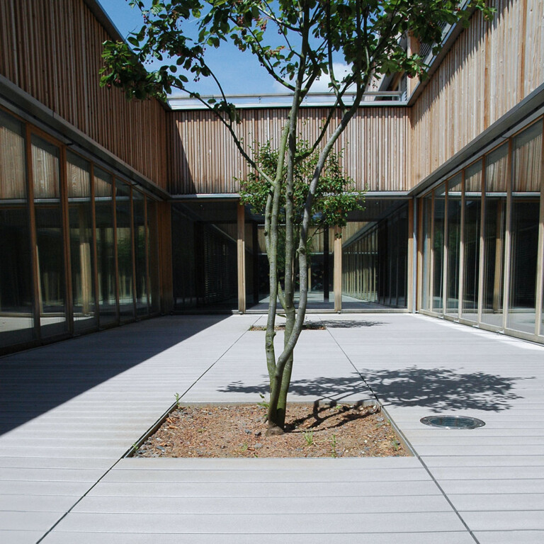 Idee für in die Terrasse integriertes Beet mit Baum zwischen den grauen Terrassendielen
