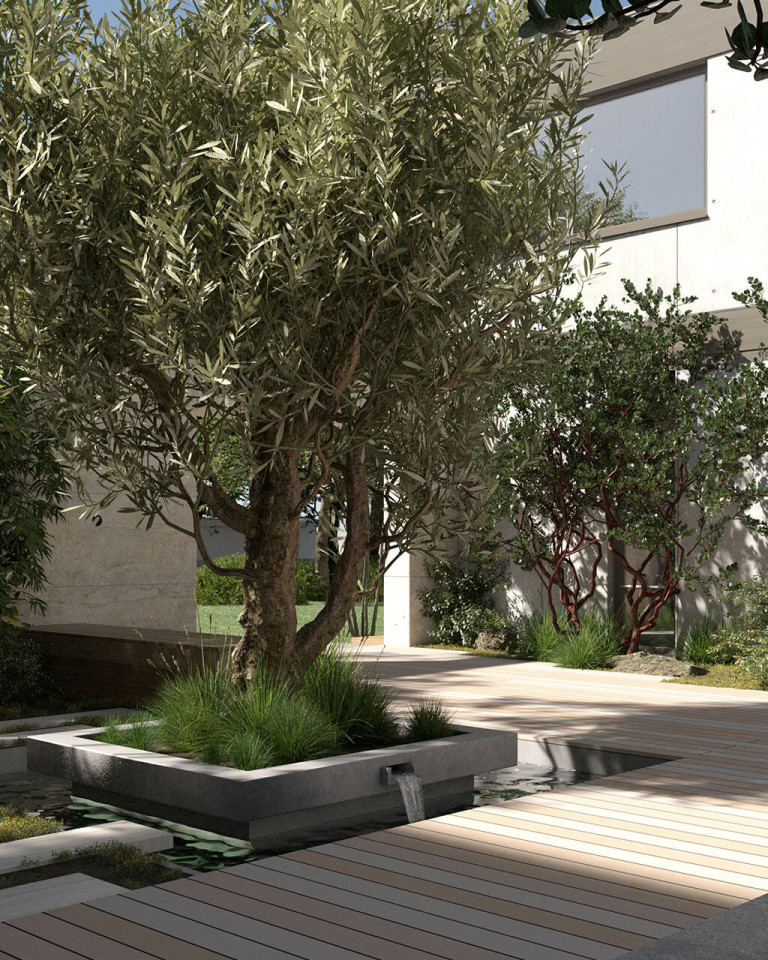 Terrassendielen WPC auf Terrasse und Steg begrüntem Innenhof Kollektion palma mobil