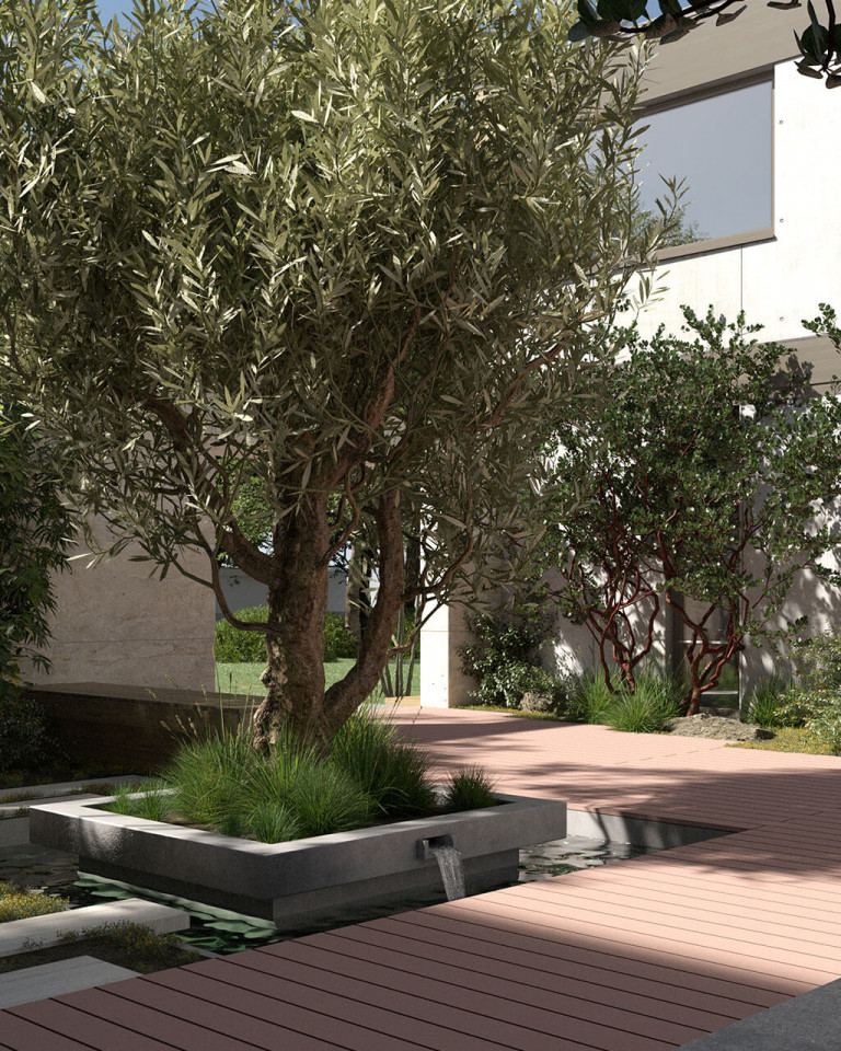 Braune Terrassendielen WPC auf Terrasse und Steg begrüntem Innenhof Kollektion macao mobil