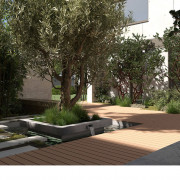 Hellbraune breite Terrassendielen WPC auf Terrasse und Steg begrüntem Innenhof Kollektion siena mobil