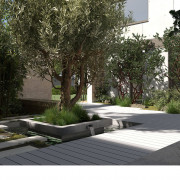 Graue breite Braune Braune Graue Terrassendielen WPC auf Terrasse und Steg begrüntem Innenhof Kollektion boston