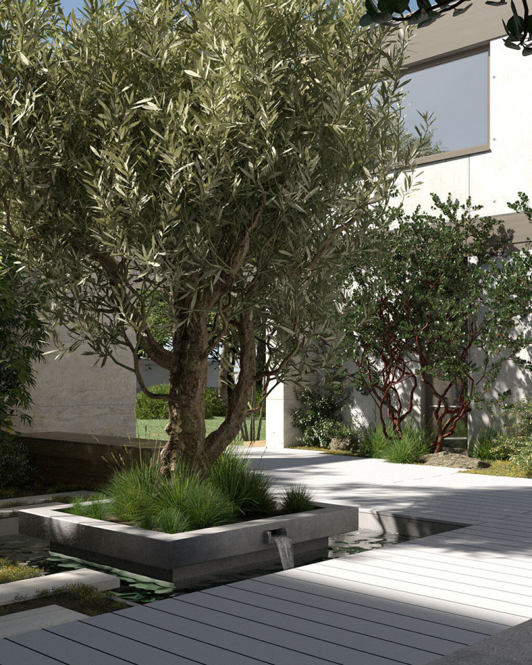 Graue breite Terrassendielen WPC auf Terrasse und Steg begrüntem Innenhof Kollektion boston mobil