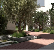 Braune breite Terrassendielen WPC auf Terrasse und Steg begrüntem Innenhof Kollektion macao mobil