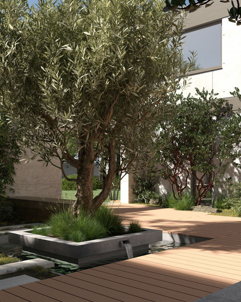 Hellbraune breite Terrassendielen WPC auf Terrasse und Steg begrüntem Innenhof Kollektion siena mobil