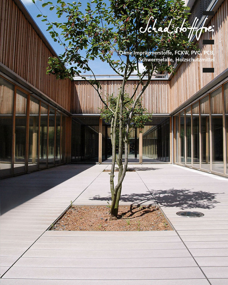 Terrasse mit grauen WPC Terrassendielen, Holzfassade und ebenerdigem Beet