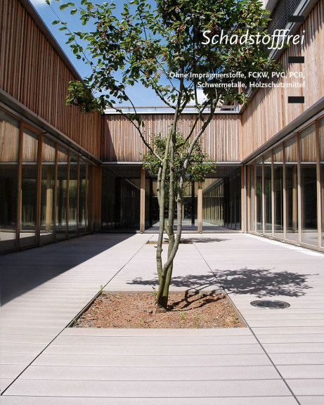 Terrasse mit grauen WPC Terrassendielen, Holzfassade und ebenerdigem Beet