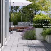 Cosy seating area on terrace with grey, wide WPC decking boards and terrace design with lots of plantsCosy seating area on terrace with grey, wide WPC decking boards and terrace design with lots of plants