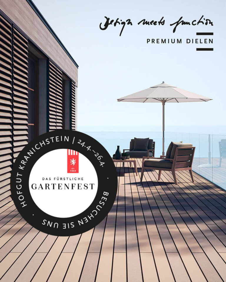 Terrasse mit MYDECK Terrassendielen und Hinweis auf Messe Hofgut Kranichstein