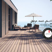 Terrasse mit MYDECK Terrassendielen und Hinweis auf Messe Hofgut Kranichstein